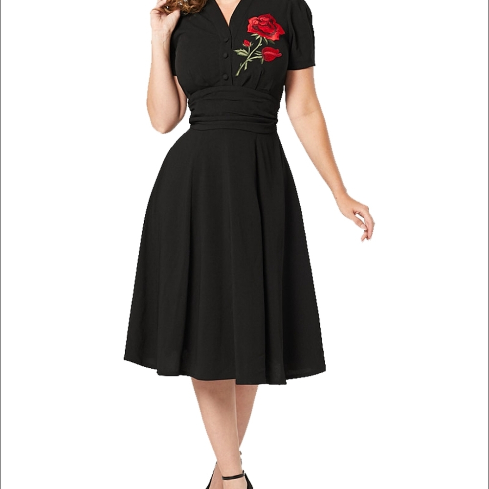 Chic Black Midi Dress with Red Floral Detail